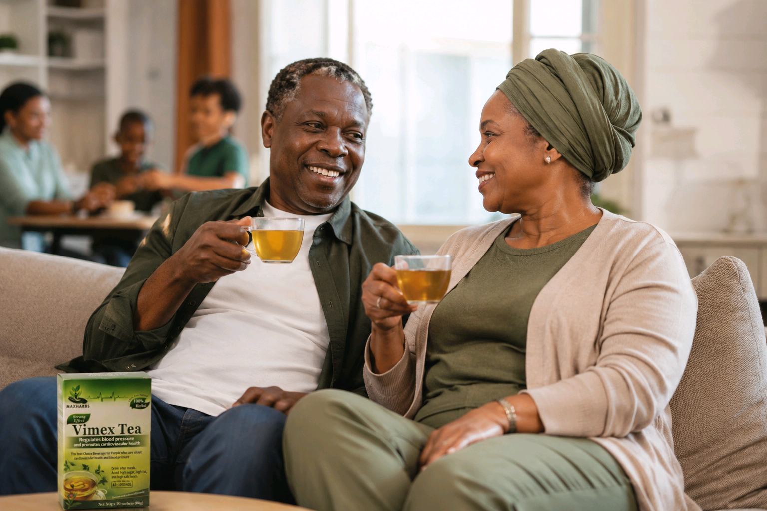 Nigerian couple enjoying Vimex Herbal Tea at home