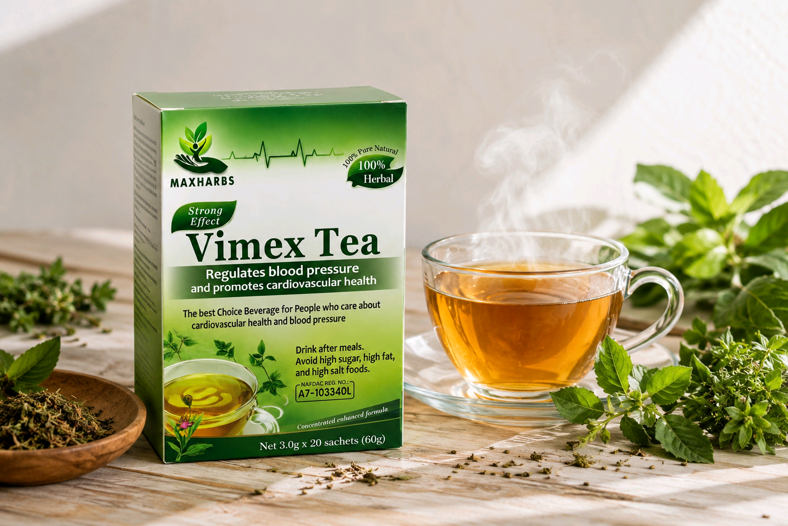 Vimex Herbal Tea product — steaming cup with herbs