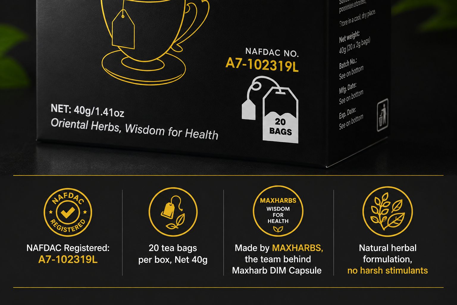 Hayzon herbal tea box detail with NAFDAC registration