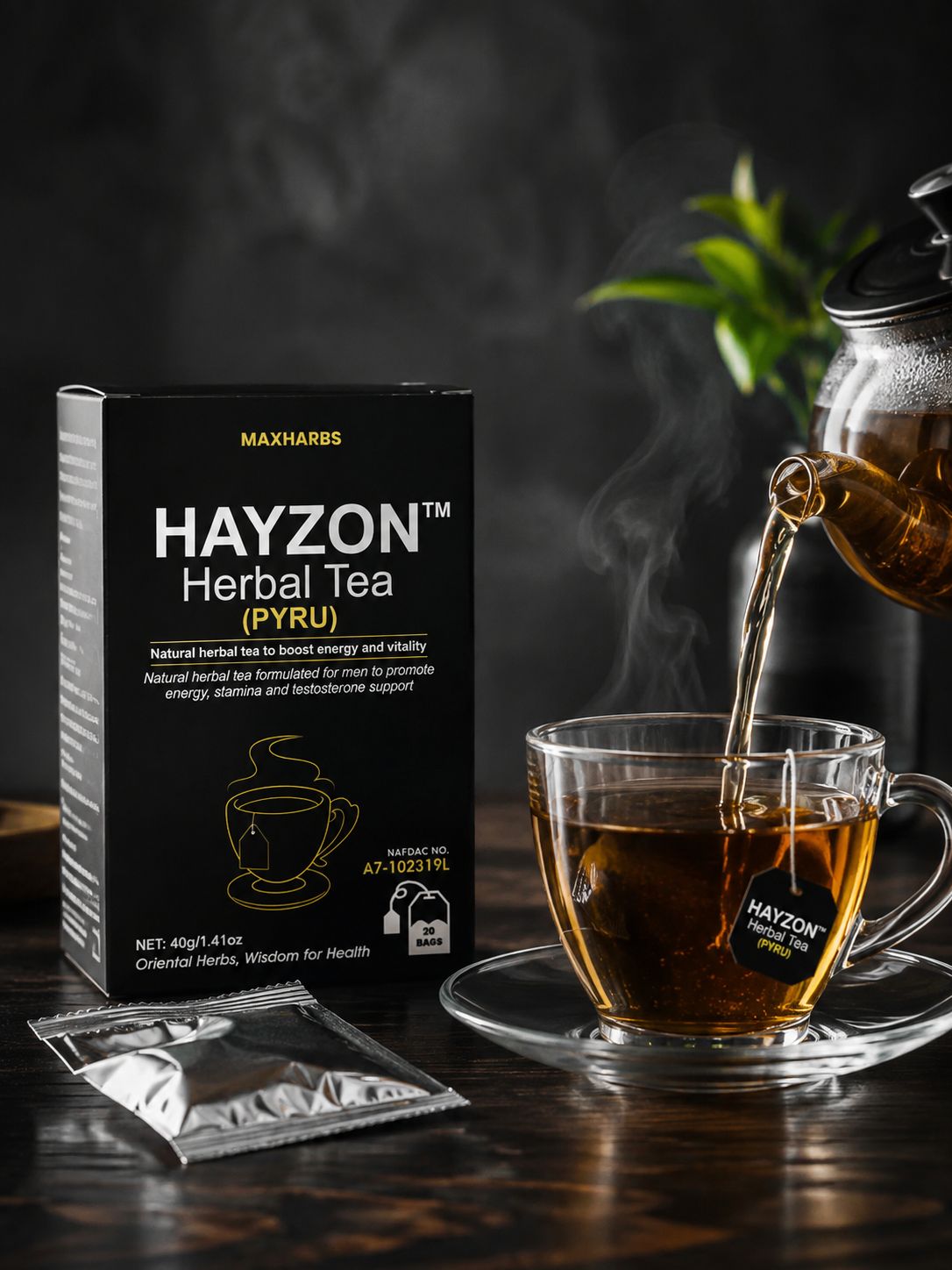Hayzon herbal tea being poured